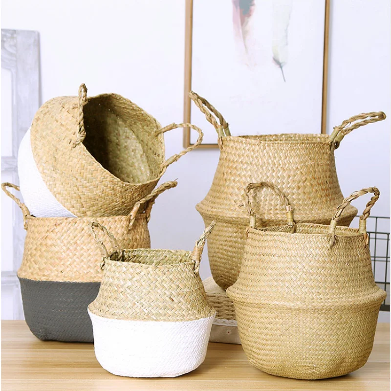 Boho Decor Wicker Storage Baskets Handmade Collapsible Laundry Basket Patchwork Seaweed Flower Belly Garden Flower Pot Home