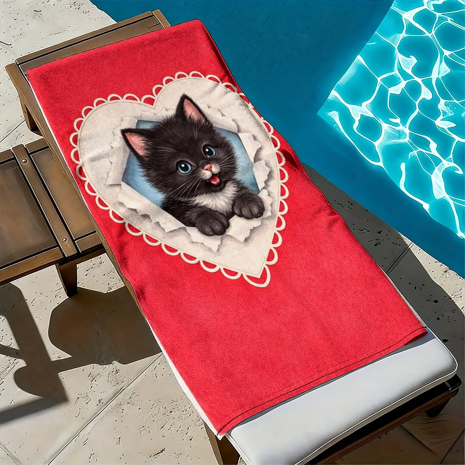 Cute kitten heart-shaped hollow pattern polyester microfiber beach towel highly absorbent, suitable for swimming beach outings