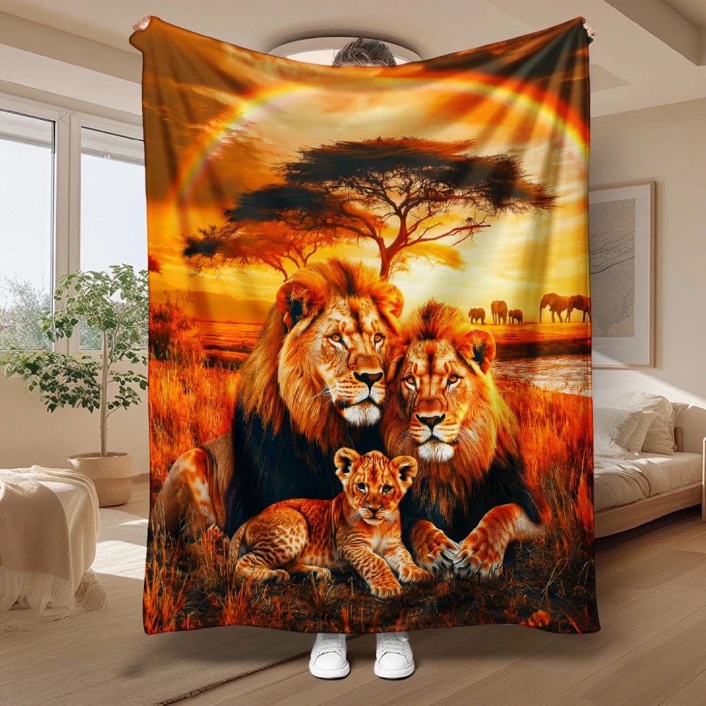 Dramatic Lion Safari Rainbow Wildlife Throw Blanket Mural Art Home Decor Decoration Jungle King Sleeper Gift