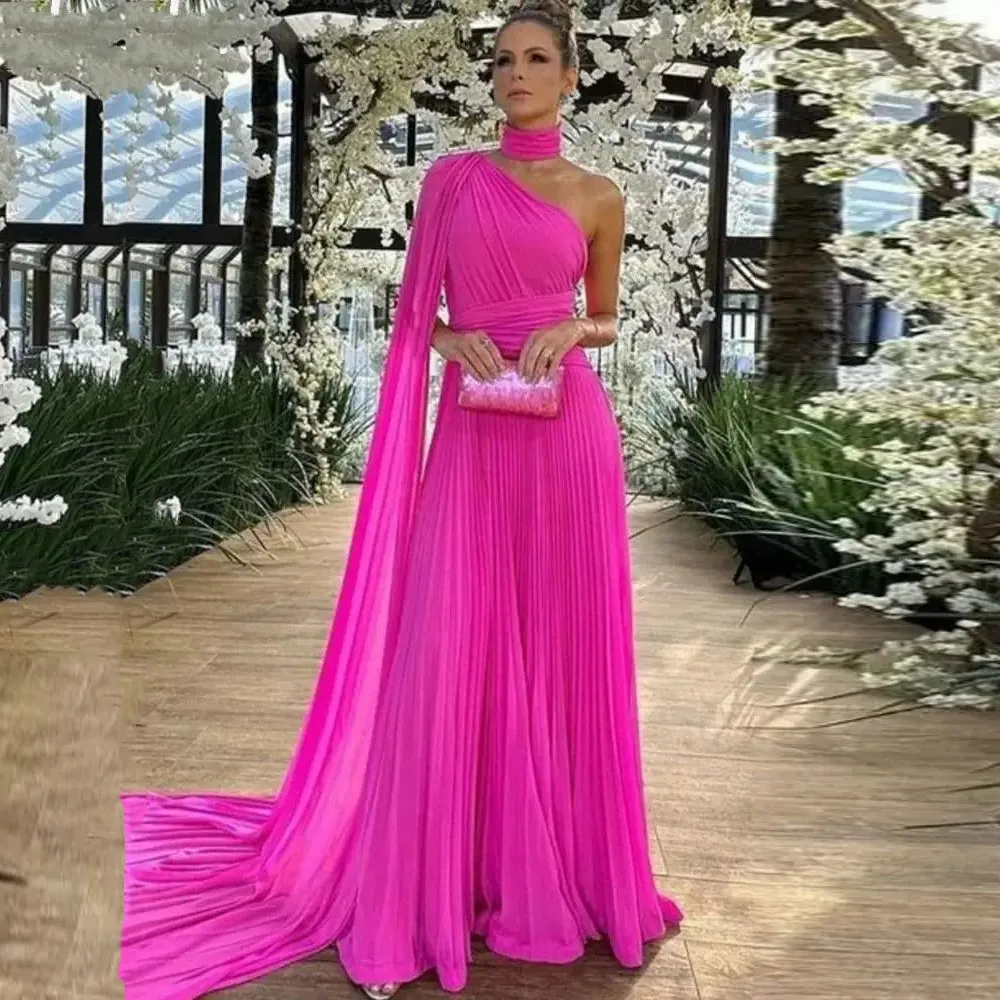 Eightale Fuchsia Evening Dress A-line Pleated Chiffon Prom Dresses Wedding Party Gown One Shoulder Customized Gowns For Women