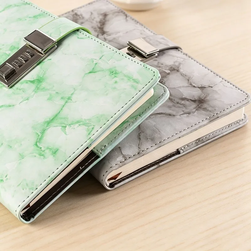 1pcs Smooth Ink Resistant Paper Lockable Diary Marble Print Minimalist Cover For Private Notes Office Daily Portable Planner