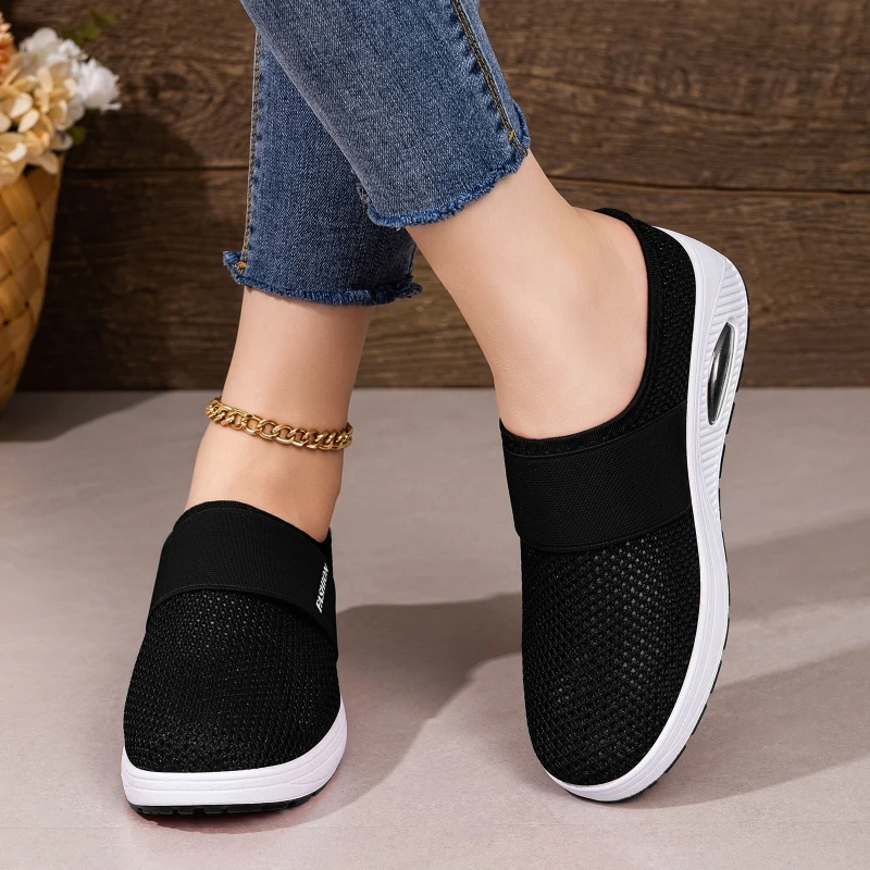 Women Hollow Mesh Mules Slip On Air Cushion Wedge Platform Walking Shoes Breathable Backless Casual Mom Sneakers Plus Size - view 2