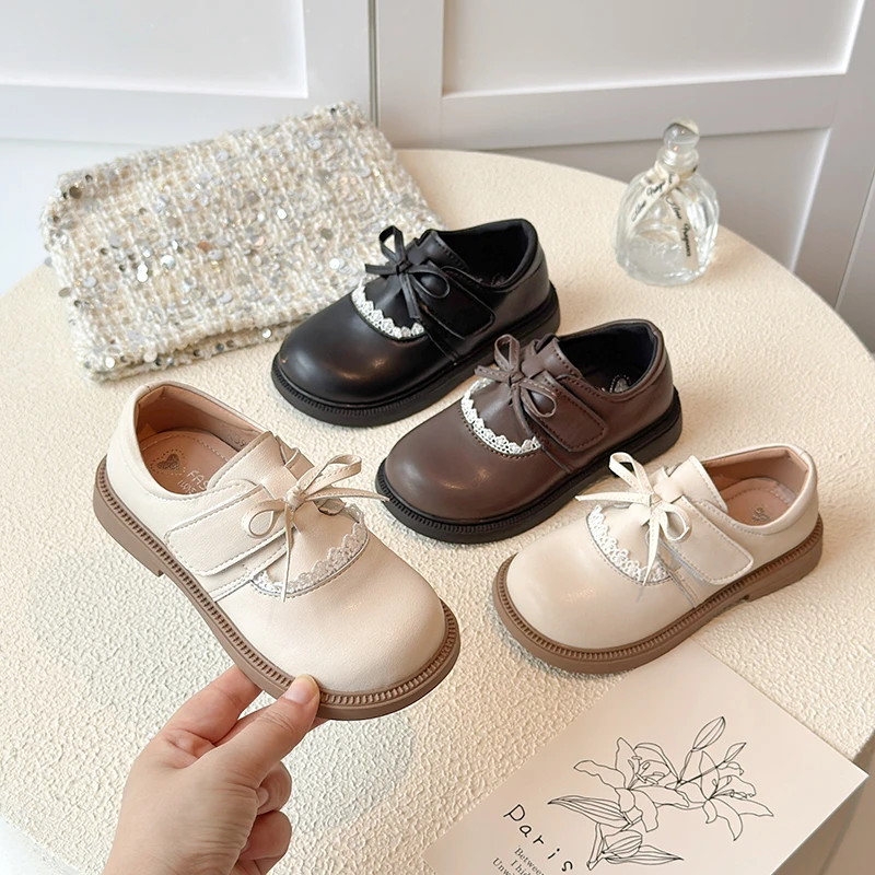 

Girls Leather Shoes Size 23-36 Beige Bow Lace Girls Single Shoes Four Seasons Models Brown Lightweight Non-slip Children's Shoes