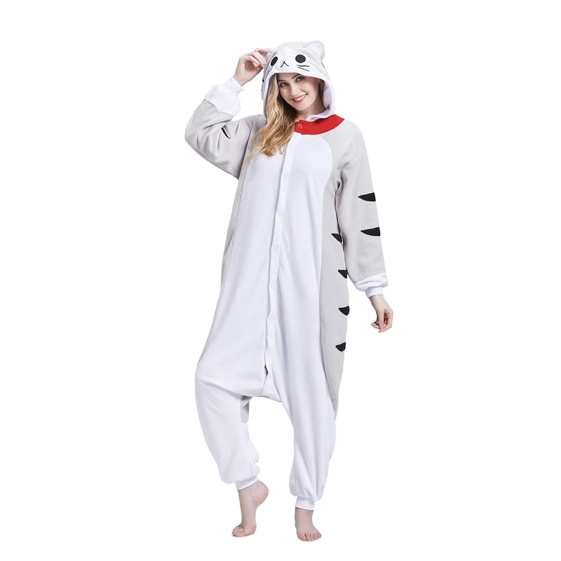 Piyama kucing lucu Onesies pria wanita, pakaian pesta bulu domba kartun Kigurumi pakaian tidur kucing Kitty Jumpsuit