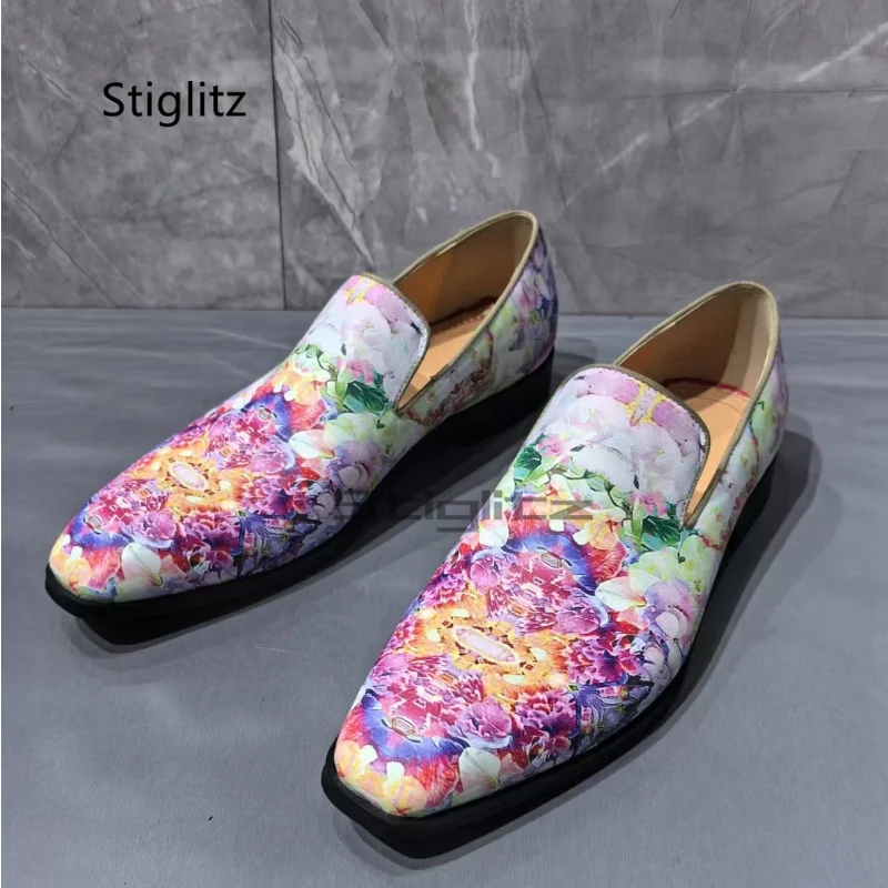 Mixed Colors Prints Slip On Leather Shoes for Men Genuine Loafers Small Square Toe Low Heeled Wedding Business Catwalk Shoes