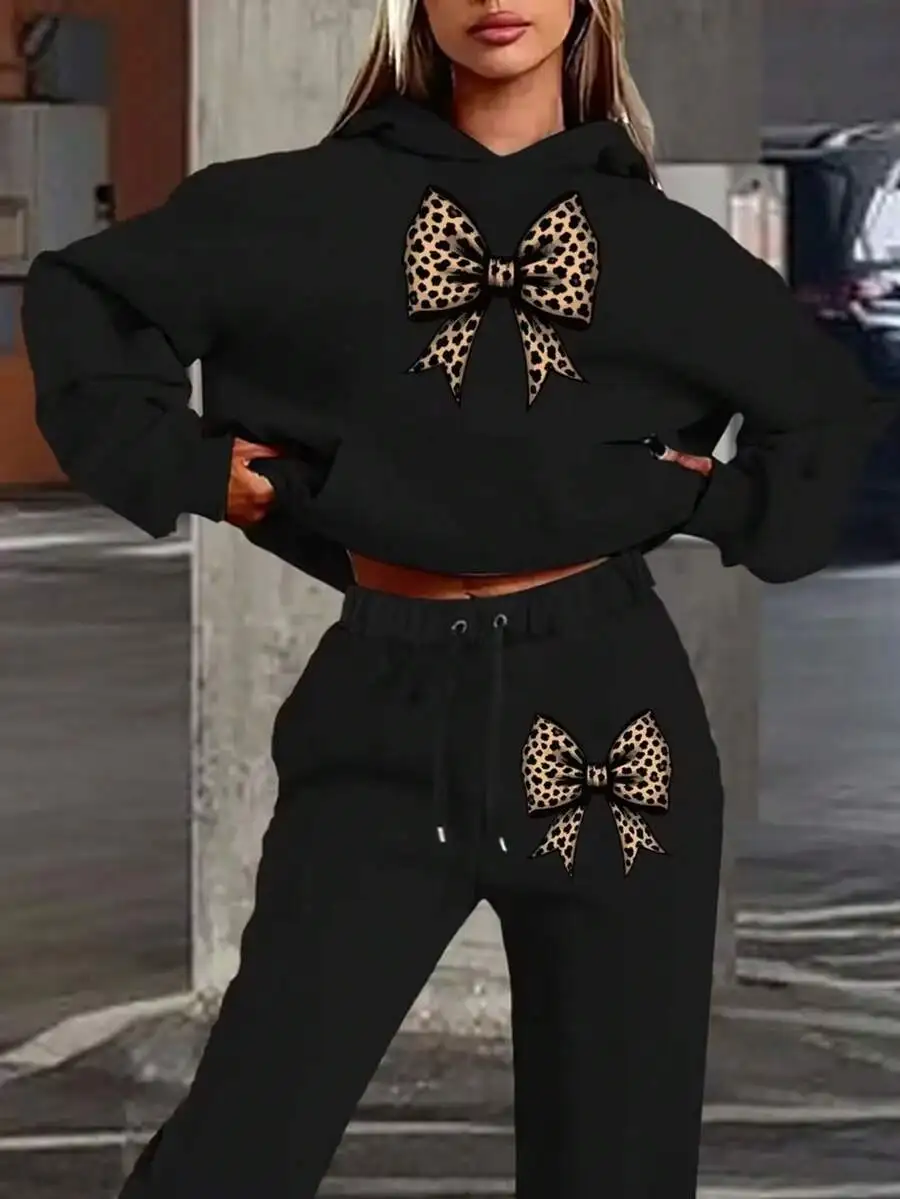 

Womens Black Leopard Bow Print Cropped Hoodie And Jogger Pants Two Piece Set