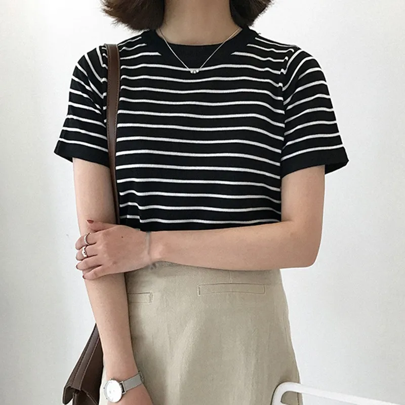 Summer Knit Striped T-shirt O-neck Short Sleeve Top Women\'s Casual  Office Knitwear Tee Female Fashion All-matched Shirt Tops