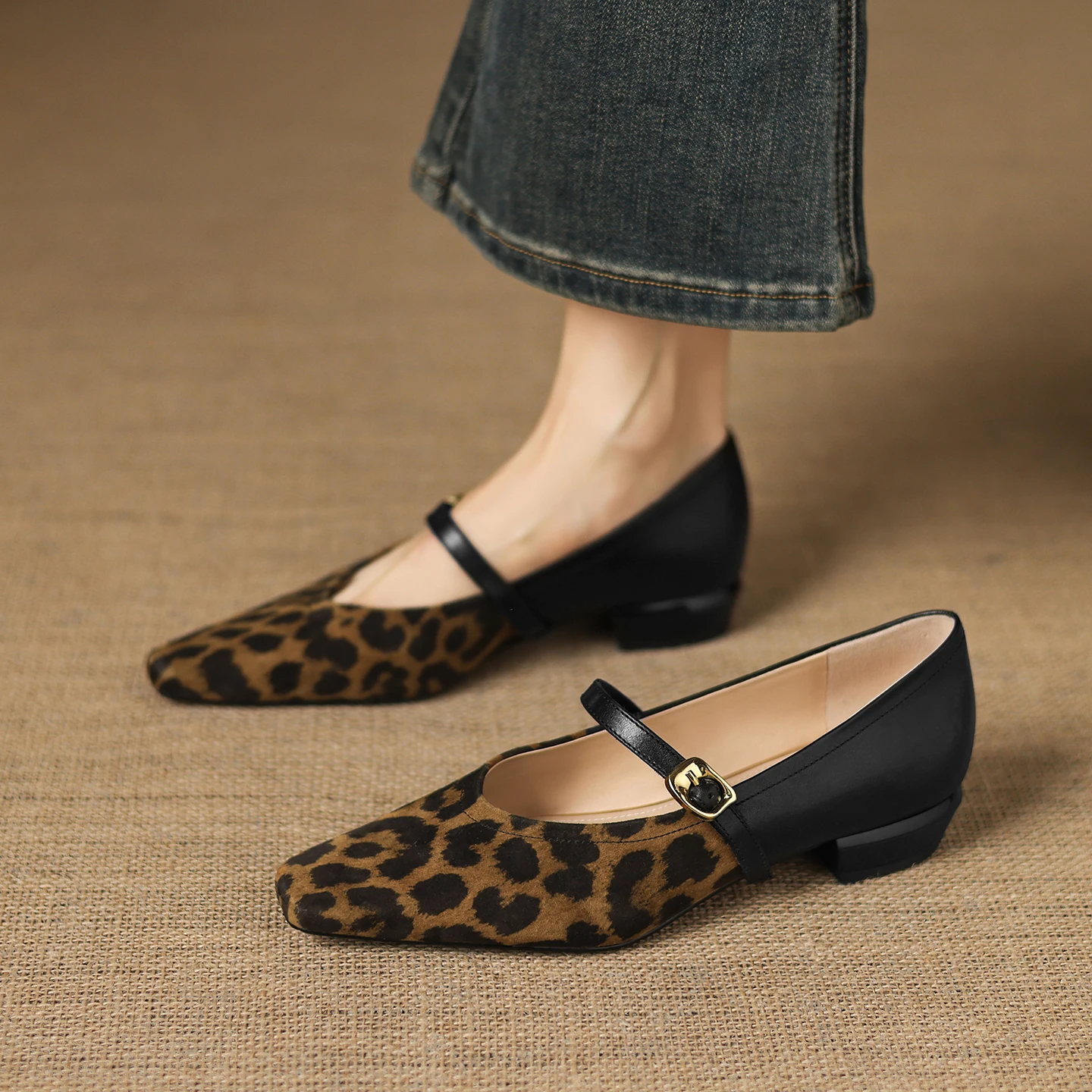 

Genuine Leather Cowhide Square toe Mary Janes Shoes ,Work High Heels Fashion Shallow Buckle Strap Leopard Womens shoes