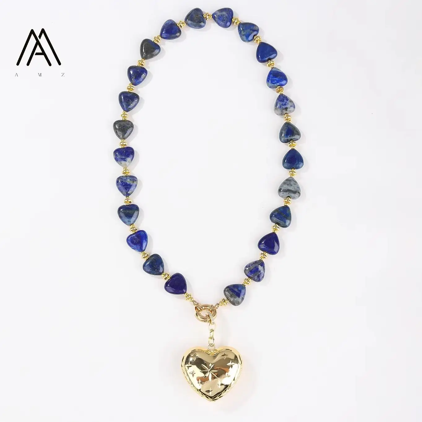AMZ-ZJ10 15mm Faceted Natural Stone Necklaces 18k Gold Plated Heart Pendant Natural Amethysts Tiger Eye Heart Beads Hand-made