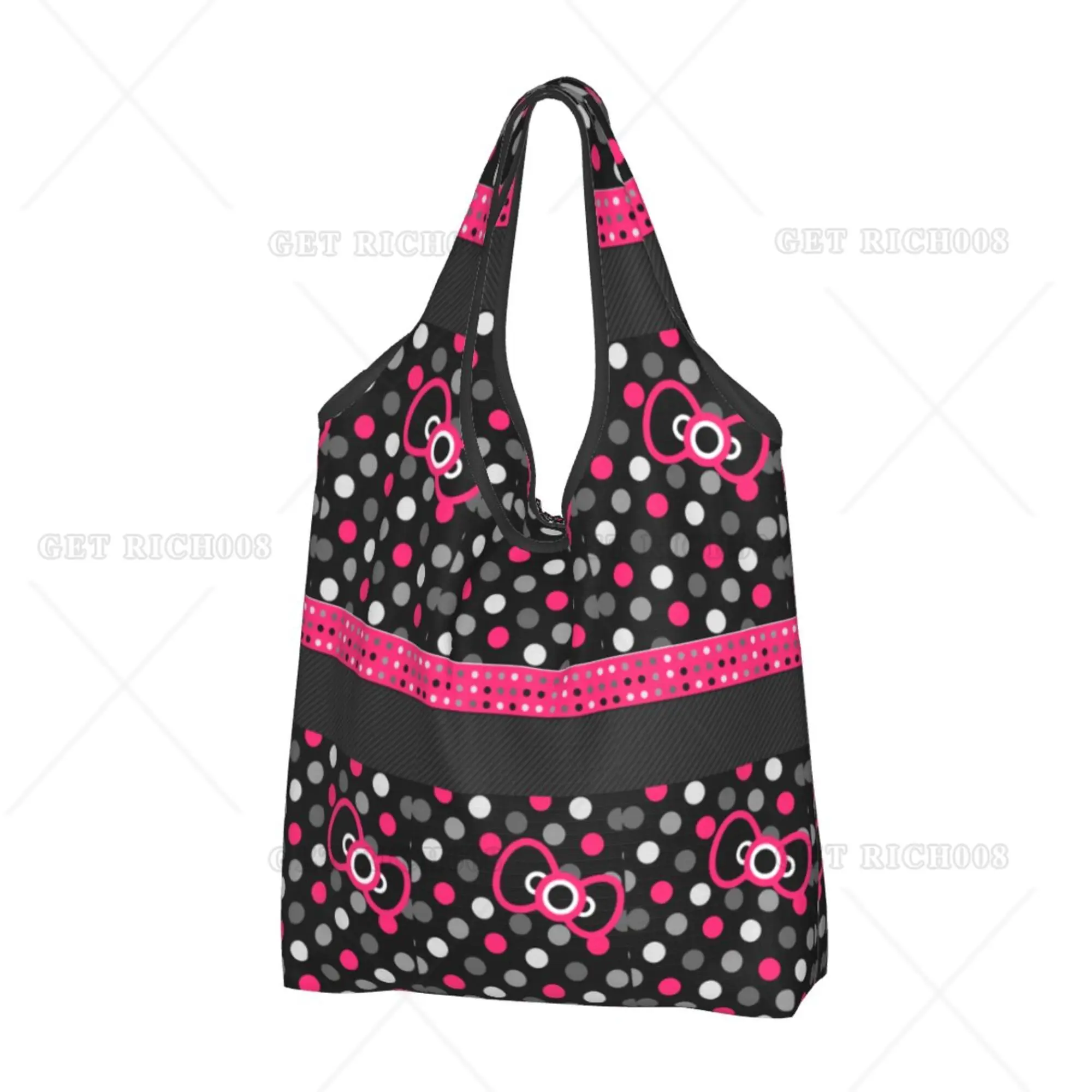 

Anime Polka Dot Bow Girl Shopping Bag Portable Valentine Tote Handbag Eco Grocery No Zipper Fashion for Work Outdoor Picnic