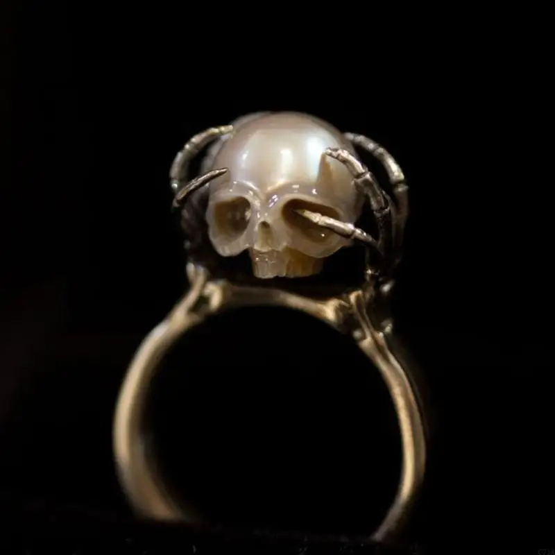 Retro Distressed Finish Skull Band Adjustable Unisex Gothic Jewelry With Pearls C71A