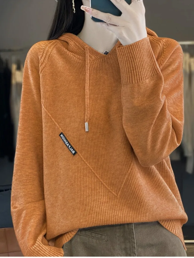 Lockerer Damen-Strick-Hoodie Thermal Irt Casual Sle Polyester und Camere Blend Long Sve Winter Faion Top