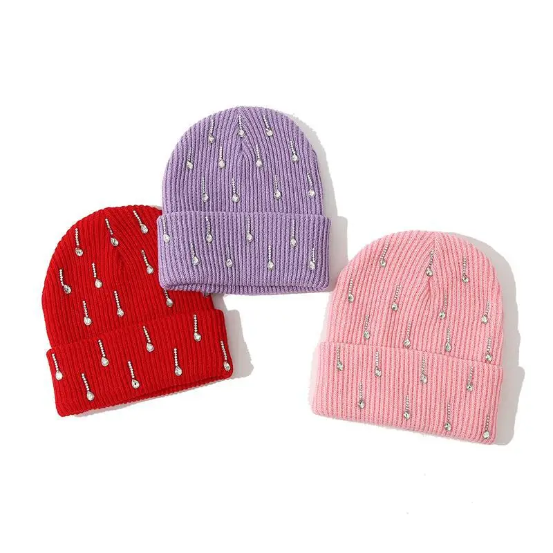 Ladies Rhinestone Teardrop Crystal Decor Beanie Hat Winter Warm Elastic Cuffed Skull Cap Fashion Party Daily Headwear for Women