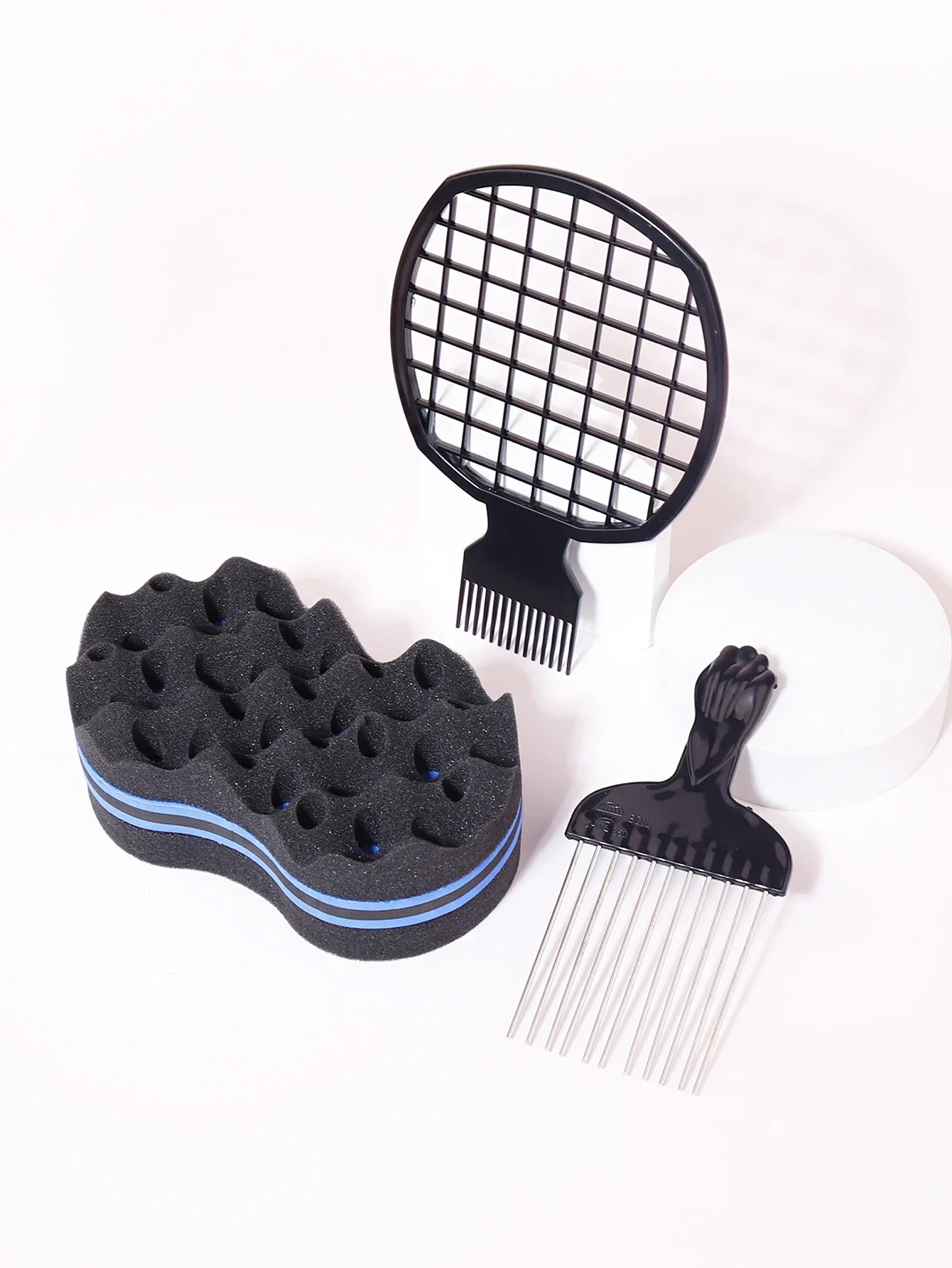 

3PCS sponge brush twisted curly hair comb, African style metal comb, sponge curly hair comb, curly hair styling tool