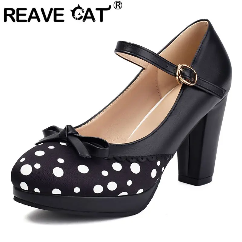 

REAVE CAT Sweet Girls Pumps Round Toe Chunky Heels 8.5cm Platform 1.5cm Buckle Strap Bowknot Plus Size 47 48 Mixed Dating Shoes