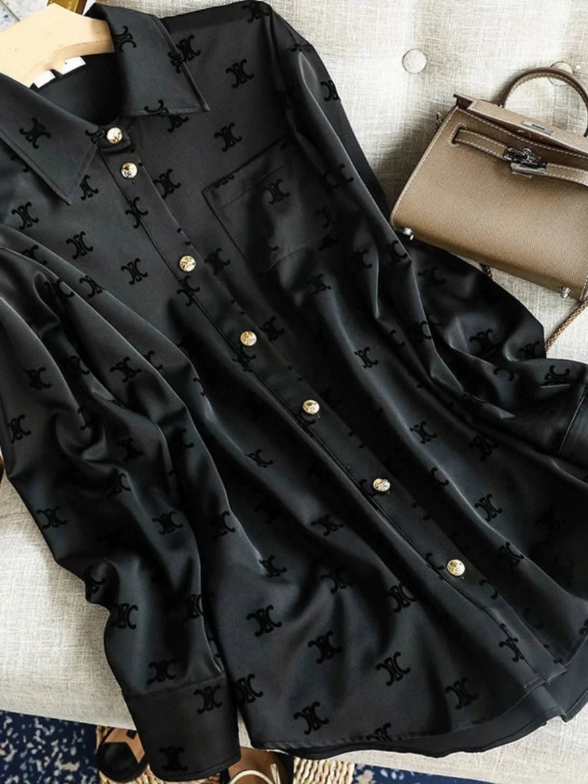 

Ele Bla Long Sve Printed Loose Fit irt Collar Women's Faion Commute Sle High End European Design