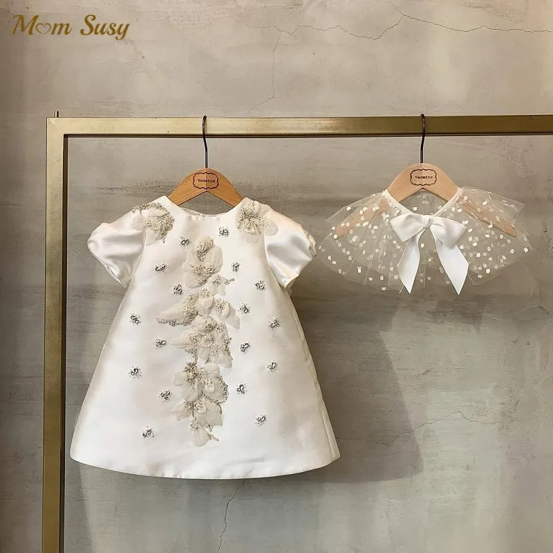 Baby Girl Princess Pearl Beading Flower Lace Silk Dress Puff Sleeve Child Vestido Party Pageant Birthday Baby Clothes 1-12Y