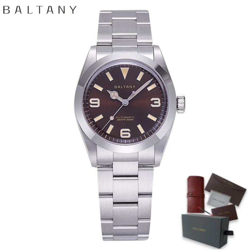 Baltany Vintage Explorer Homage Casual Chic ผู้ชายอัตโนมัตินาฬิกาสแตนเลส 36 มม.กันน้ํานาฬิกาข้อมือส่องสว่าง