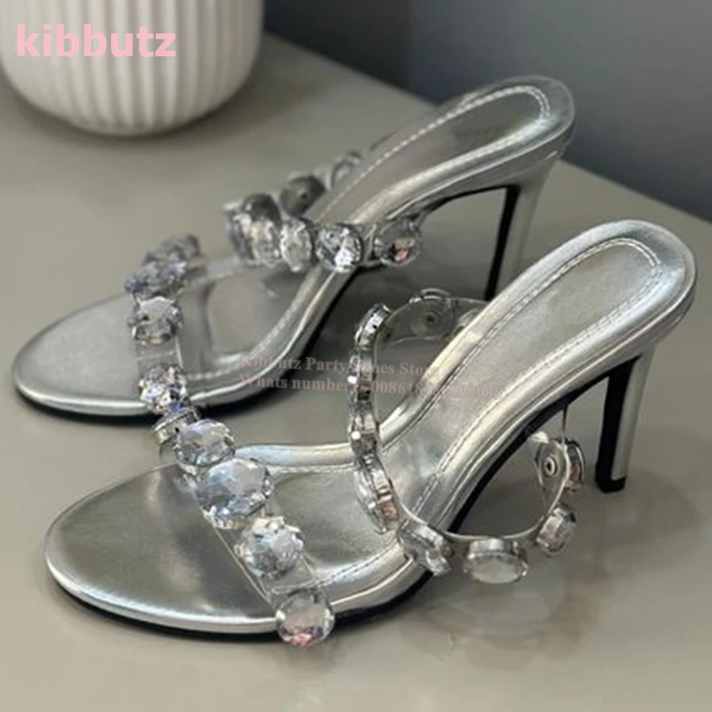 Rhinestone błyszczące pantofle sandały skórzane okrągłe Toe cienki obcas Slip-On moda eleganckie seksowne zwięzłe damskie buty na imprezę najnowsze