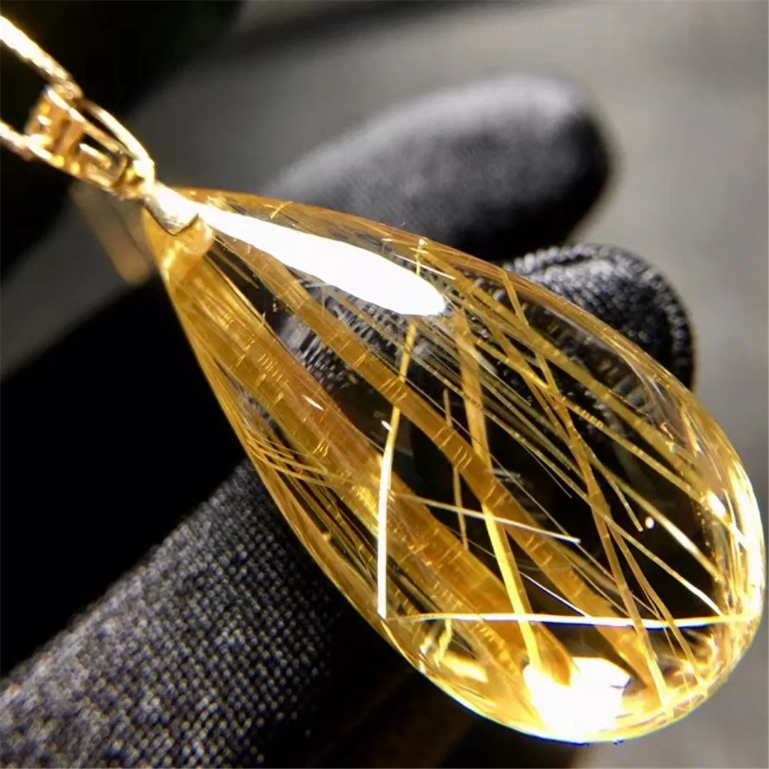 Natural Gold Hair Rutilated Quartz Pendant Jewelry For Woman Lady Man Healing Luck Gift 18K Gold Crystal 30x14x10mm Beads AAAAA