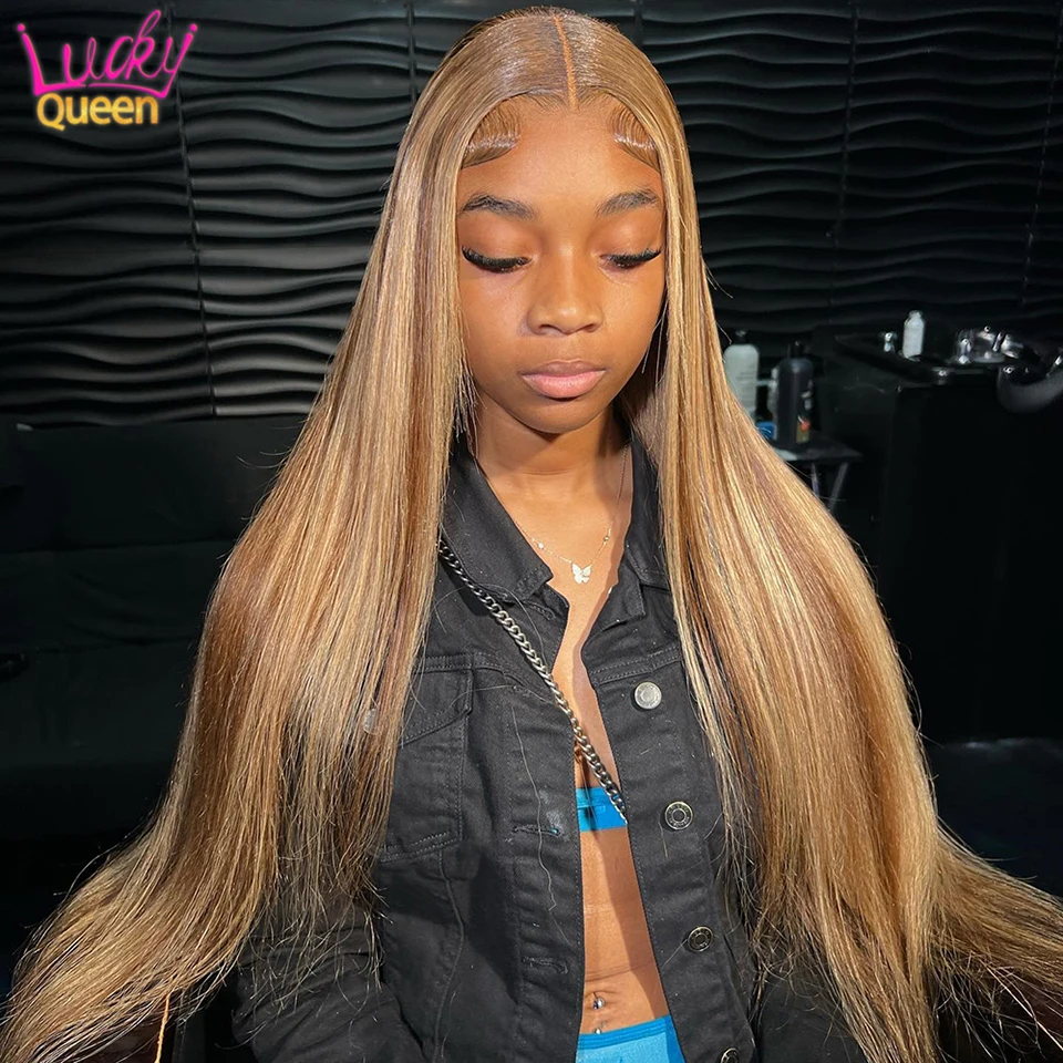 Highlight 13x4 Transparent Straight Lace Front Wigs 180% Density 4/27 Colored Honey Blonde Wigs For Black Women Pre Plucked