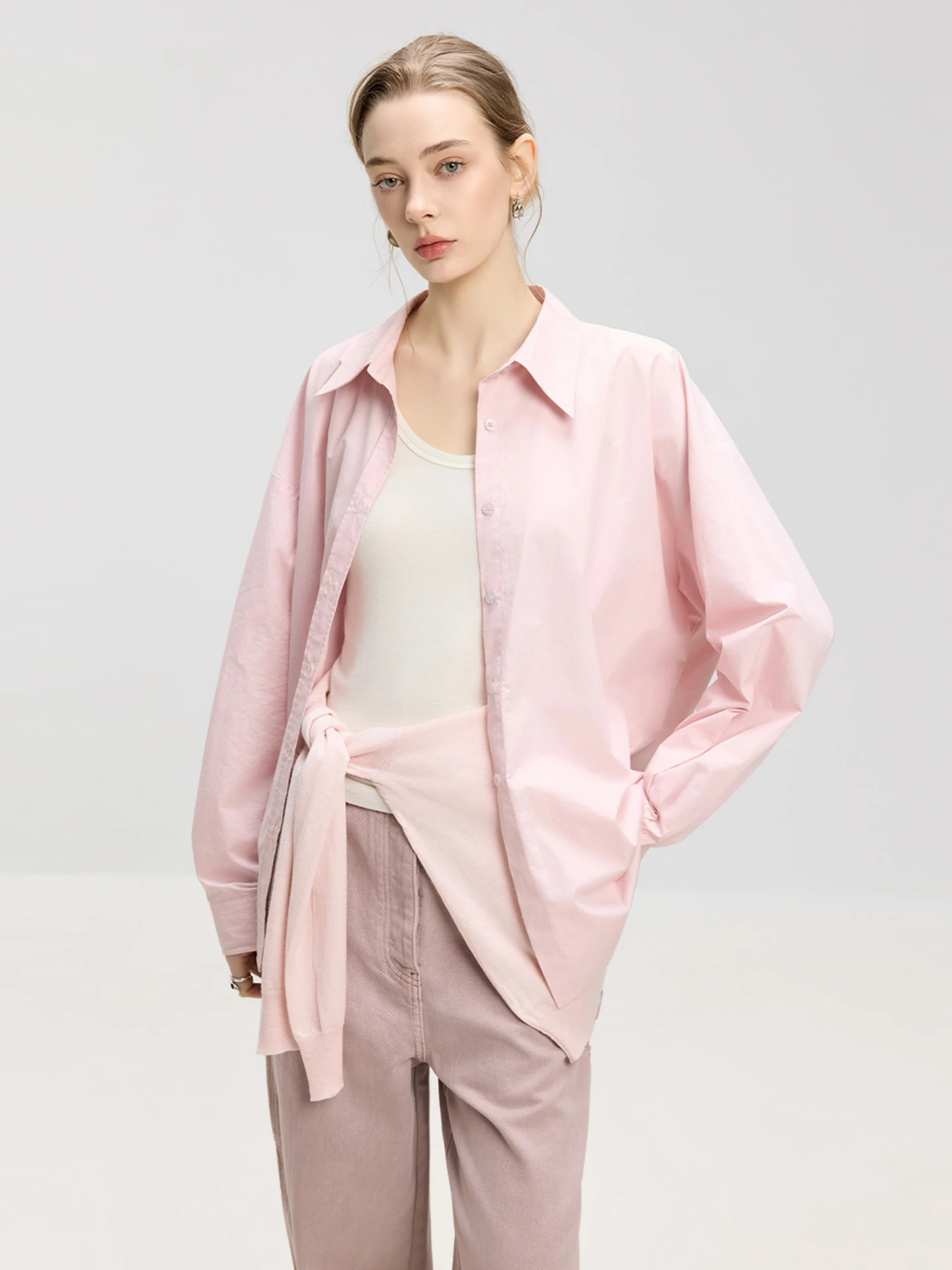 

LUR Нежно-розовая хлопковая рубашка-жакет для женщин, свободного кроя, с длинным рукавом, весенне-осенний дизайн, стройнящая блузка, открытый кардиган