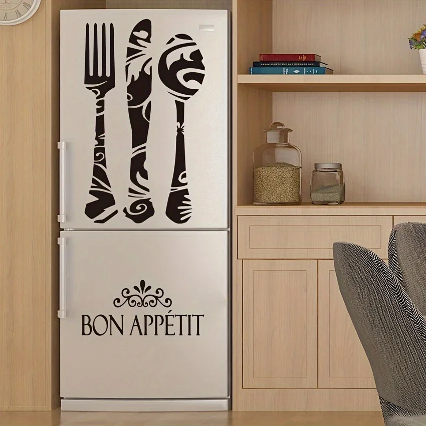 BON APPETIT Kitchen Refrigerator Stickers Waterproof Fridge Wall Sticker Art Mural Wallpaper DIY Knife and Fork Home Decoration