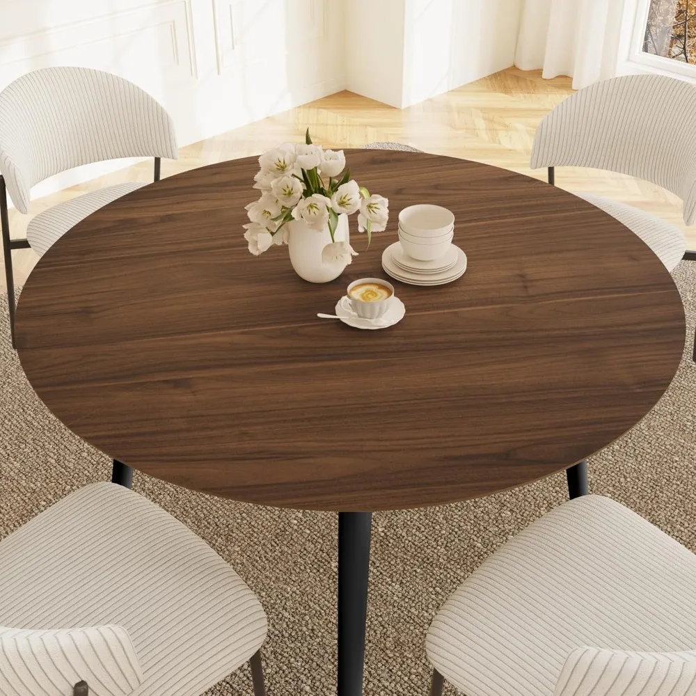 43.3 Inch Round Dining Table Set for 4, Modern Small Kitchen Coffee Set for Dining Room Kitchen Apartment (Walnut Table + 4 Whit