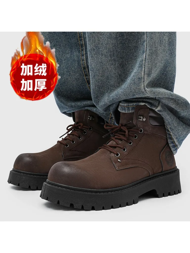 

Leather Boots for Men Thick-soled Boots Up Light Fashion Motorcycle Boots British Style Men's Casual Boots