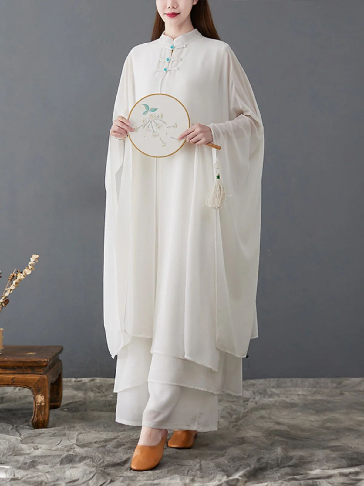 Artistic Set Retro Tea Costume Spring Autumn Large Size Fairy Zen Dance Dress White Yoga Tai Chi Dress Two Piece Set