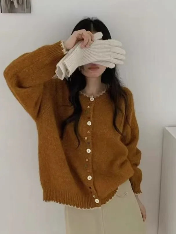 

Korean Sle Color Blo Soft Cozy Women's Knitted Open Cardigan Loose Slimming Sweater Jaet Long Sve round Ne Spring ...