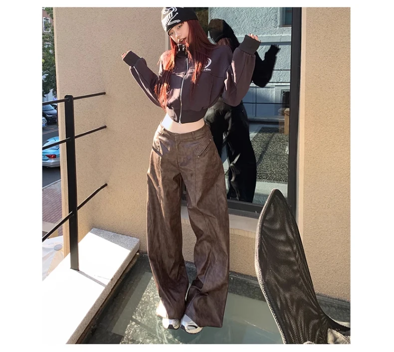 Lautaro Spring Long Loose Casual Soft Distressed Brown Pu Leather Wide Leg Pants for Women High Waist Korean Style Fashion 2024