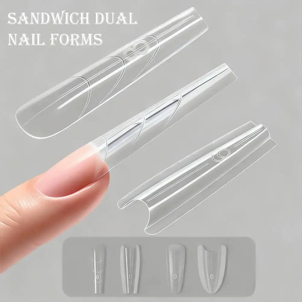 240개 샌드위치 클리어 듀얼 네일 폼 세트 풀 커버리지 연장 네일 트라페조이드 & 엘립스 모양 빌드 네일 도구 필요 없음
