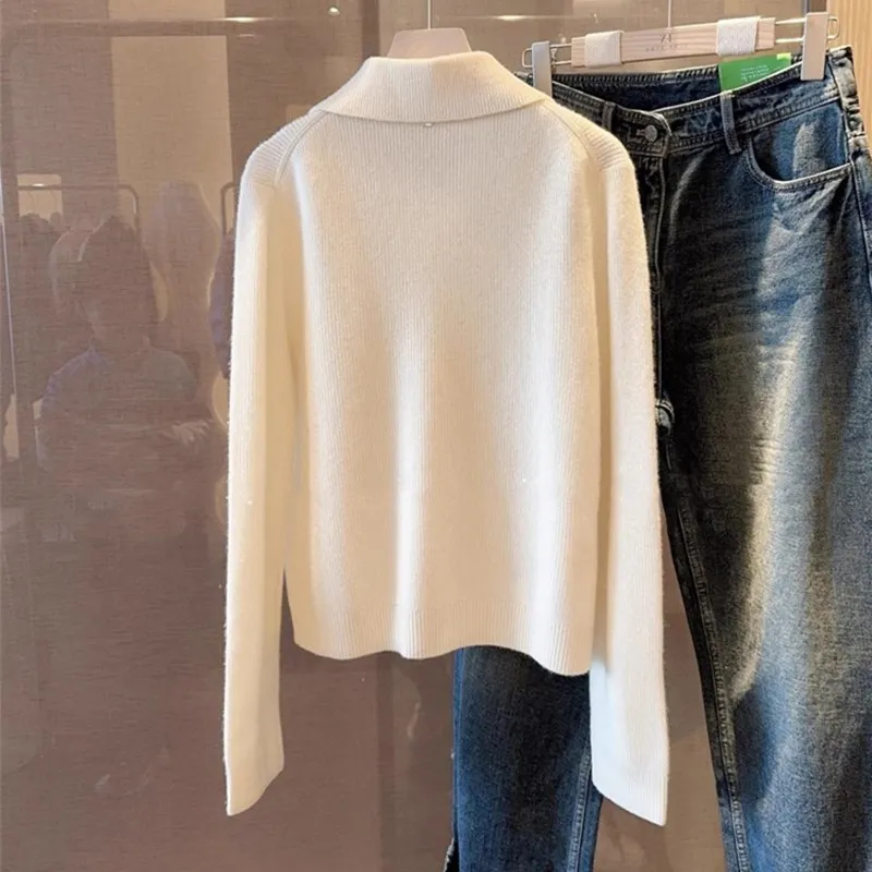 Pull en laine haut de gamme pour femme avec col 100% cachemire, pull à boutons, coupe couvertes, automne et hiver 2024