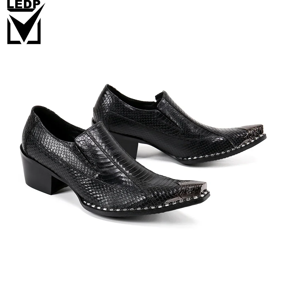 

Italian Rivet Men Formal Dress Shoes Big Size Metal Square Toe Party Genuine Leather Shoes Male Black Business Mid Heel Shoes