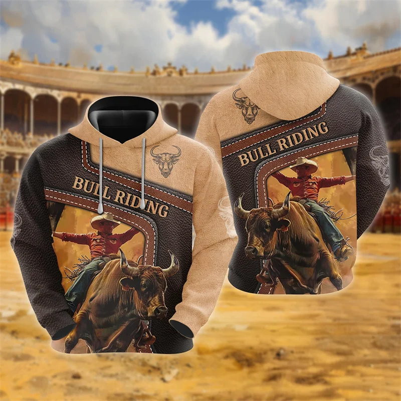 3D Printed Bull Riding Athletics Hoodies For Men Vintage Cowboy Graphic Sweatshirts Casual Sport Pullovers Tops Street Hoody