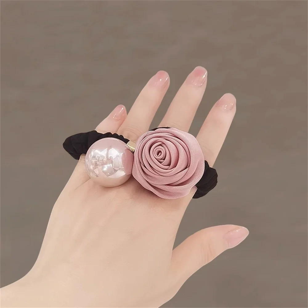 Fashion Rose Flower Hair Ropes For Women Elegant Big Imitation Pearl Elastic Hairband Scrunchies Hair Accessories Headdress