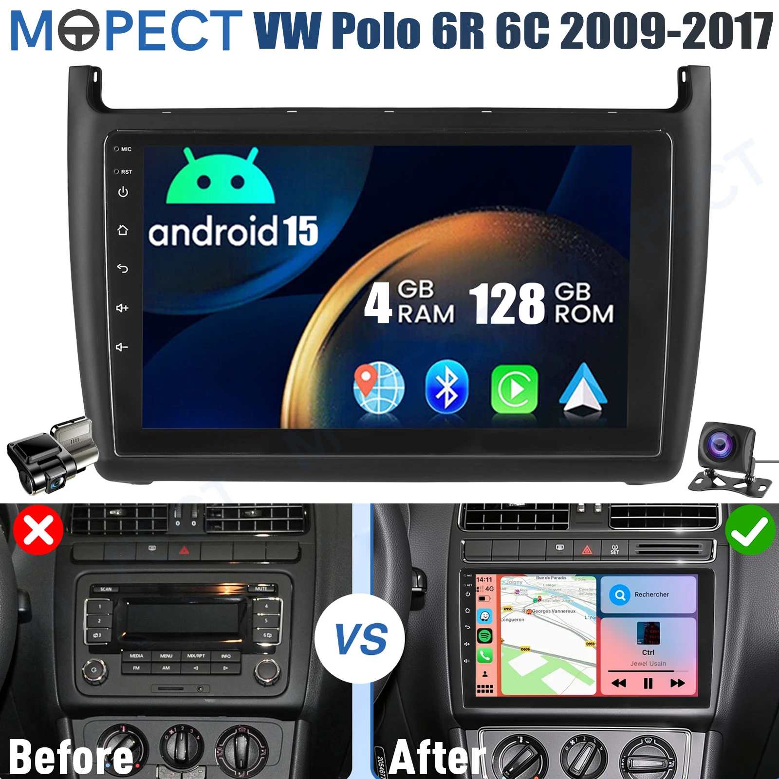 4+128GB 9 inch Android 15 autoradio met CarPlay voor VW Polo 6R 6C 2009-2017 GPS navigatie touchscreen FM/AM head unit SWC+DAB&camera