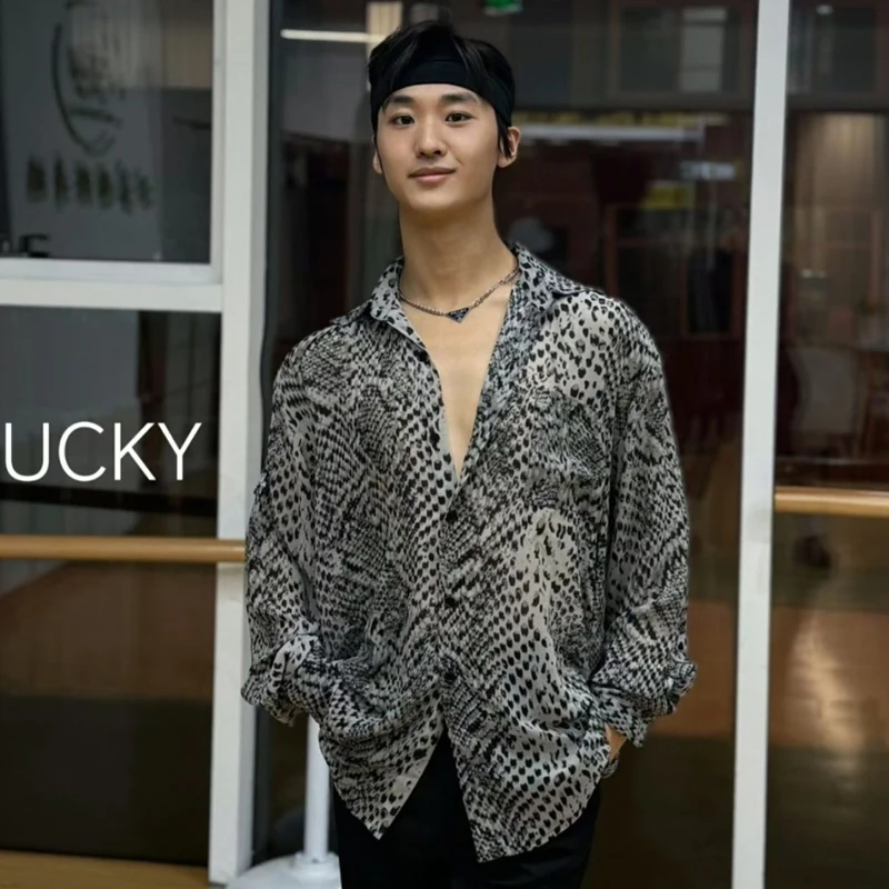 Latin Dance Clothing Adult Male Practice Tops Snake Print Shirts Long Sleeves Shirts Loose Practice Clothes Men Rumba DNV25842