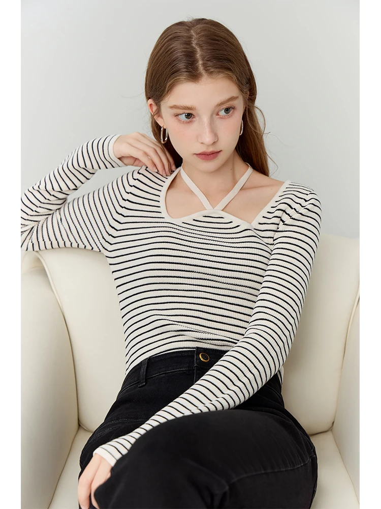 FSLE French Style Elegant Striped Thin Sweater for Women 2023 New Autumn Vintage Curved Neckline Strap Short Top Female