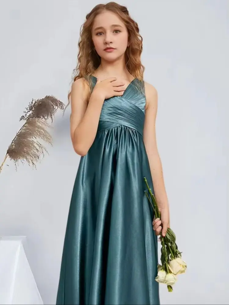

BZA A-Line V-Neck Floor-Length Stretch Satin Junior Bridesmaid Dress French Blue Stunning Flower Girl Dresses Party Wedding Kids