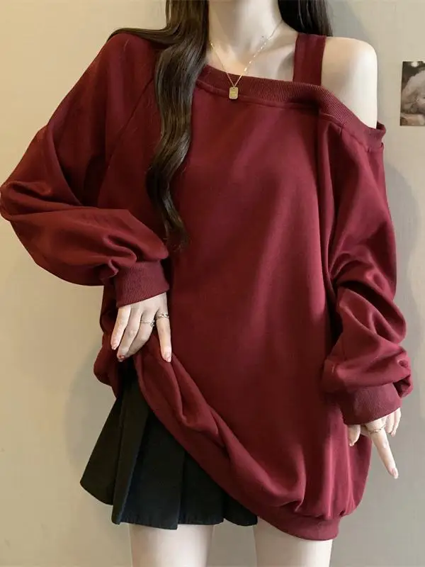

Elegant Hollow out Shoulder Thin Sweatshirt Women's Loose Casual Fashionable Top for Autumn Comfortable Korean Style Long Sleeve