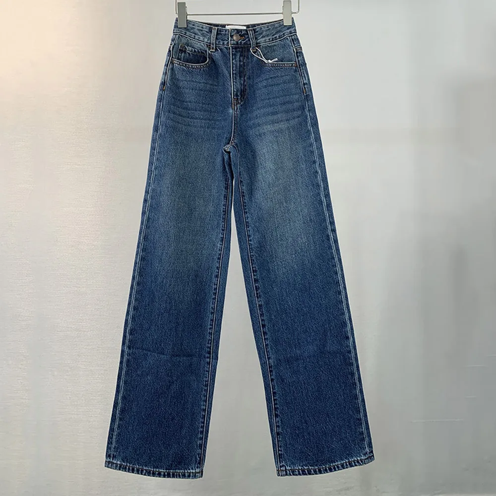 Celana dicuci wanita R0 * 24ss, Jeans lurus longgar pinggang sedang musim semi dan panas Retro Trailing kaki lebar