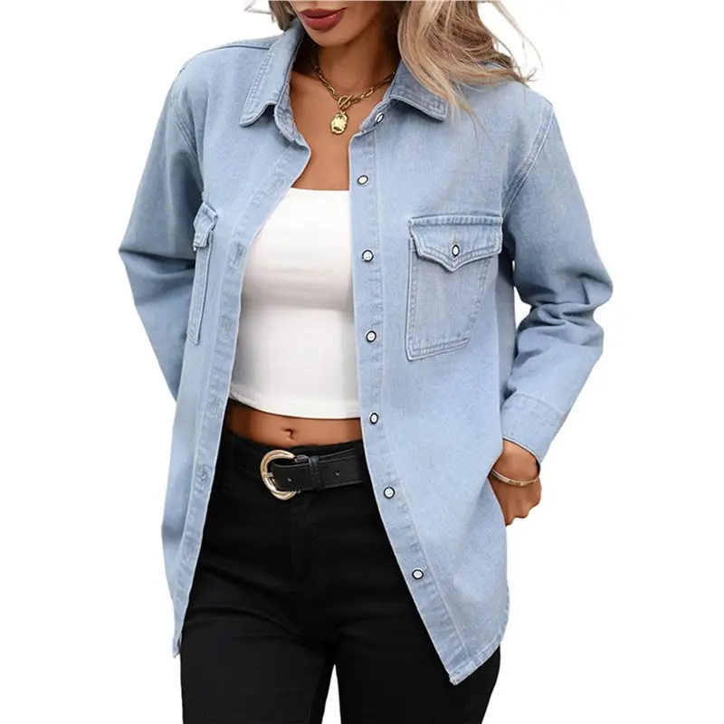 

CYL-Women Denim Shirt Jean Shacket With Long Sleeves For Spring