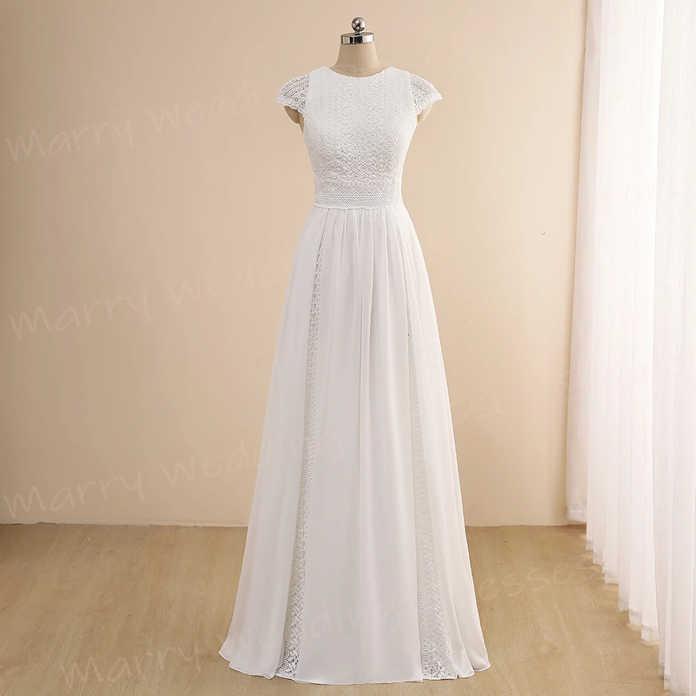 

Modest Generous A Line Women's Wedding Dresses Classic O Neck Lace Appliques Bride Gowns Charming Cap Sleeve Vestidos De Novia