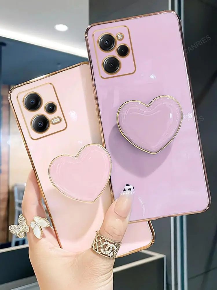 Poko X5pro Love Heart Fold Holder Case For Xiaomi Redmi Note 12 Mi Poco X5 Pro X 5 Nfc Stand Luxury Plating Silicone Cover Xiomi