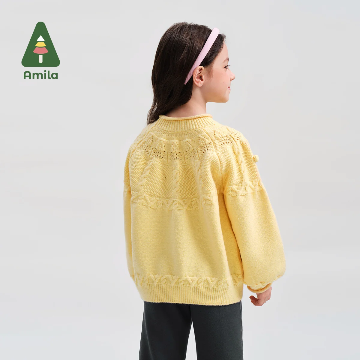 Amila Baby Sweater 2024 Winter New High Quality Solid Color Lantern Sleeve Round Neck Casual Loose Soft Children‘s Pullover