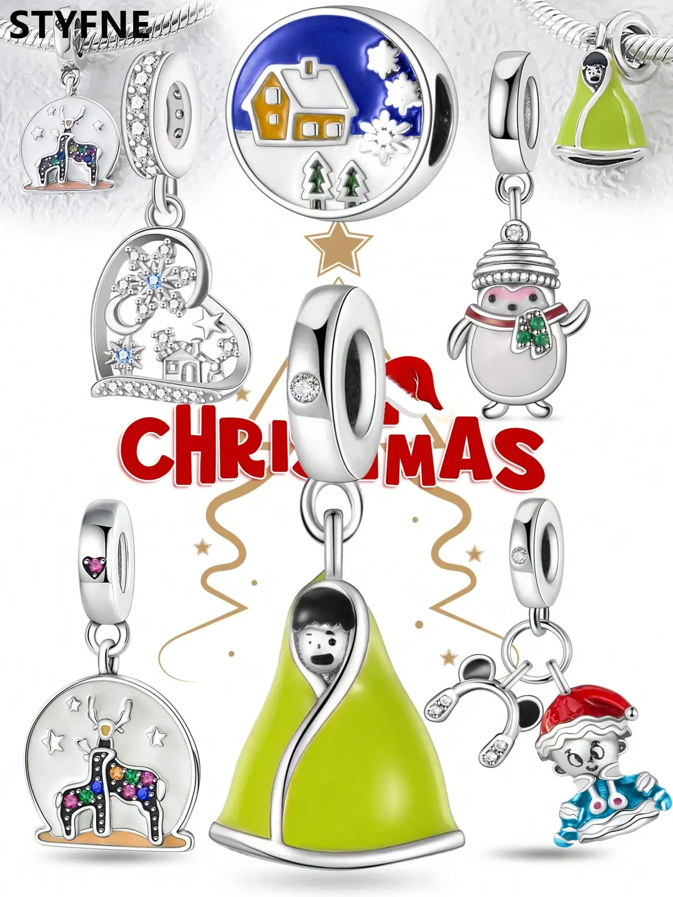 925er Silber vergoldet, Original-Charms, Weihnachten, Schneemann, Rentier, Perlen, passend für Armbänder, Damenschmuck, Geschenk