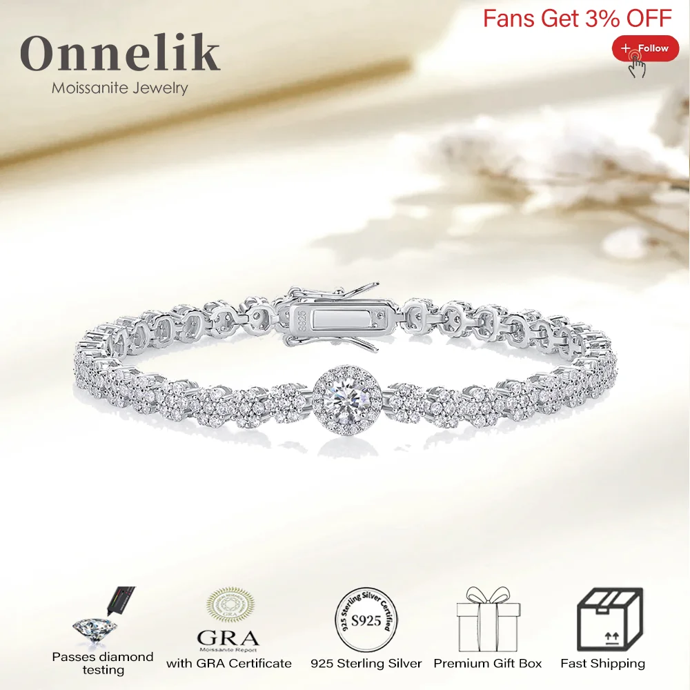 

Onnelik All Excellent Moissanite Bracelet 100% S925 Stering Silver Lab Diamond for Women Wedding Party Birthday Fine Jewelry