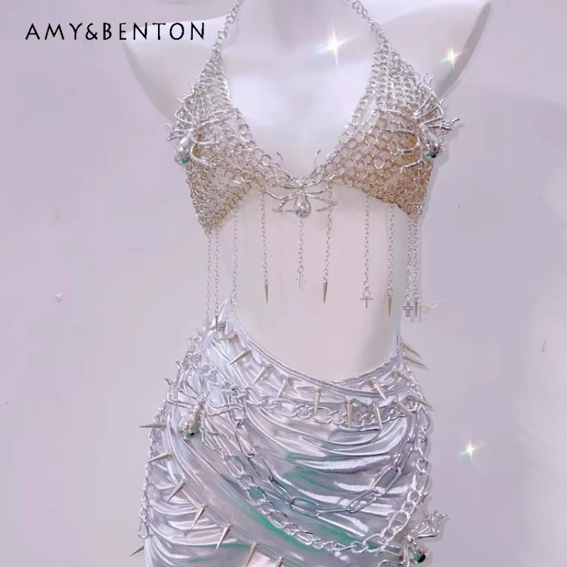 

Original Design Punk Heavy Industry Halter Women's Vest Bra 2025 Summer New Sexy Retro Silver White Goth Hip Skirt Suit Ladies